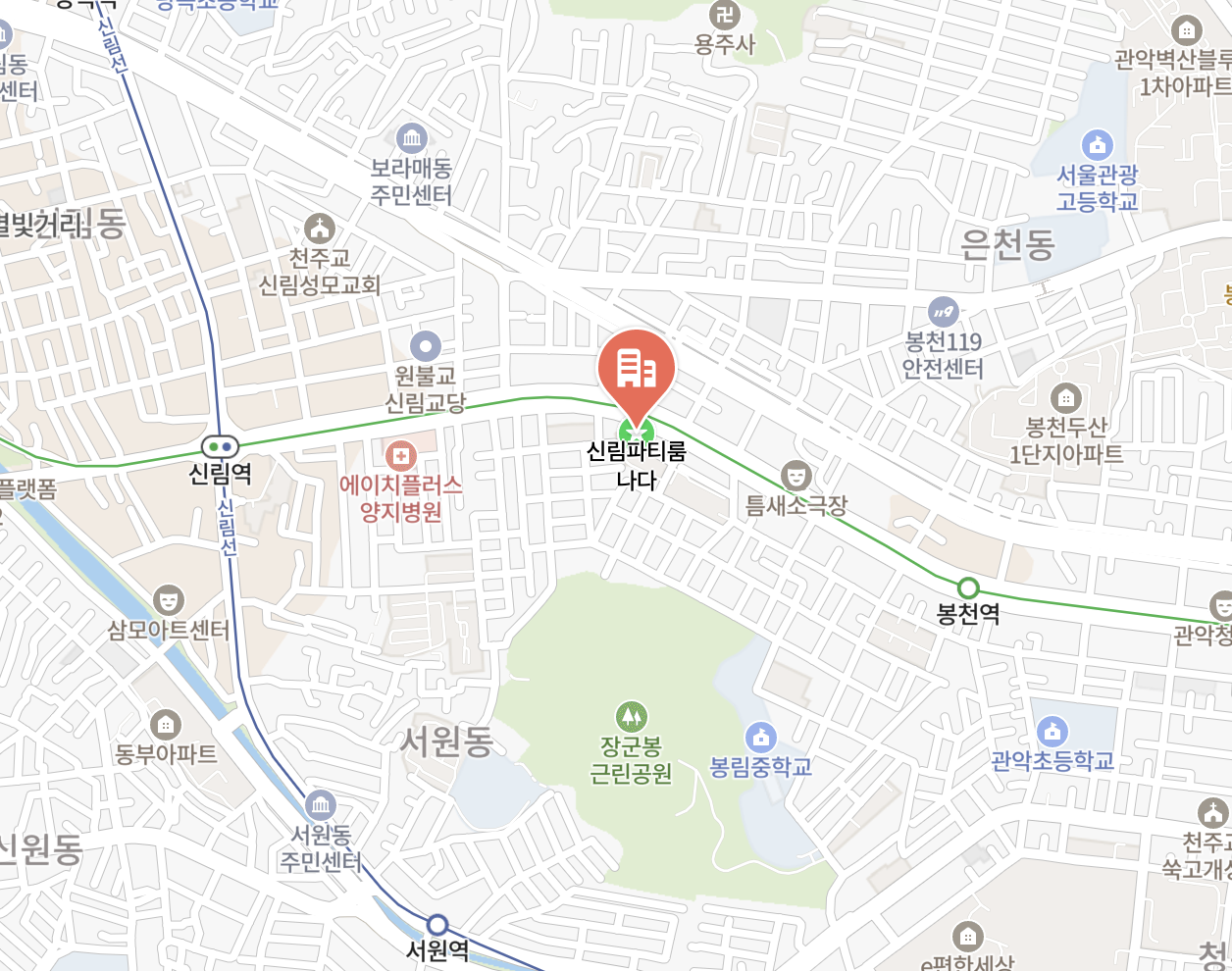 신림역과 봉천역 사이 남부순환로에 위치한 파티룸 나다 약도